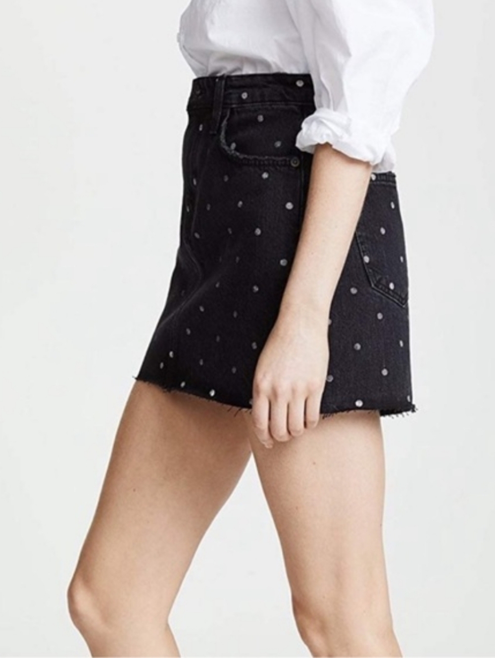 Current/Elliott The Five-Pocket Cutoff Black Denim Polka Dot Mini Skirt - Picture 7 of 9